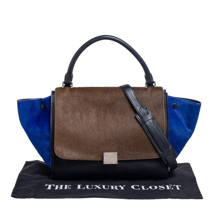 Pre Owned Celine Tri Color Leather And Pony Hair Medium Trapeze Top Handle Bag