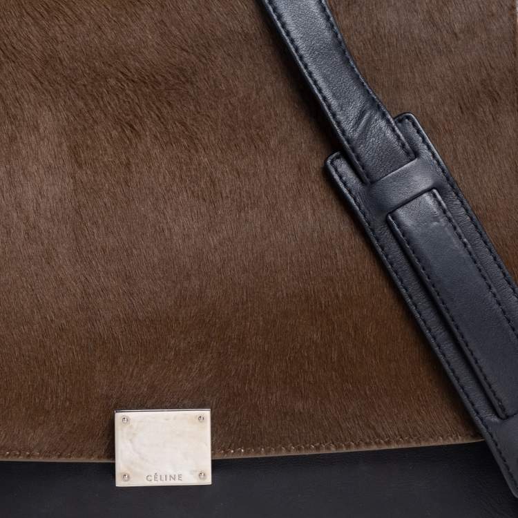 Pre Owned Celine Tri Color Leather And Pony Hair Medium Trapeze Top Handle Bag