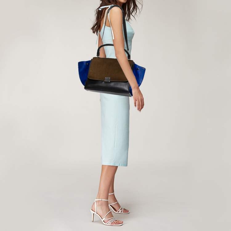 Pre Owned Celine Tri Color Leather And Pony Hair Medium Trapeze Top Handle Bag