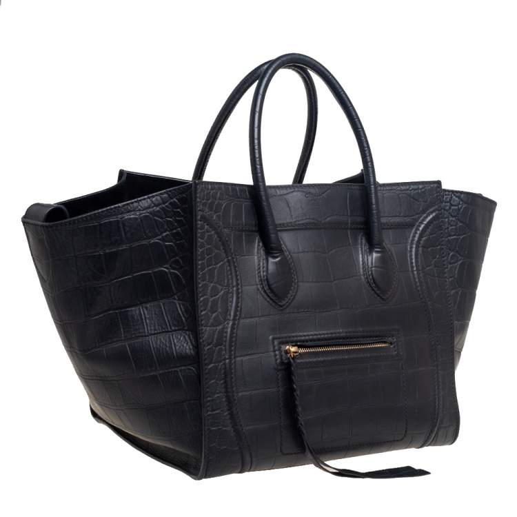 Pre Owned Celine Black Croc Embossed Leather Medium Phantom Luggage Tote