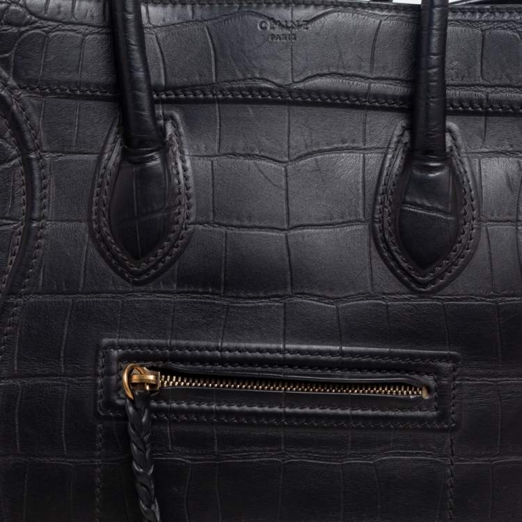 Pre Owned Celine Black Croc Embossed Leather Medium Phantom Luggage Tote