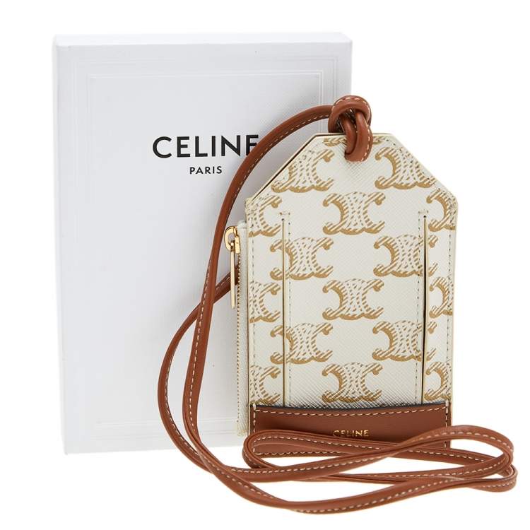 Pre Owned Celine Off White/Tan Triomphe Canvas and Leather ID Card Holder