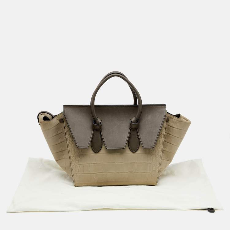 Pre Owned Celine Khaki Croc Embossed Leather Small Tie Knot Tote