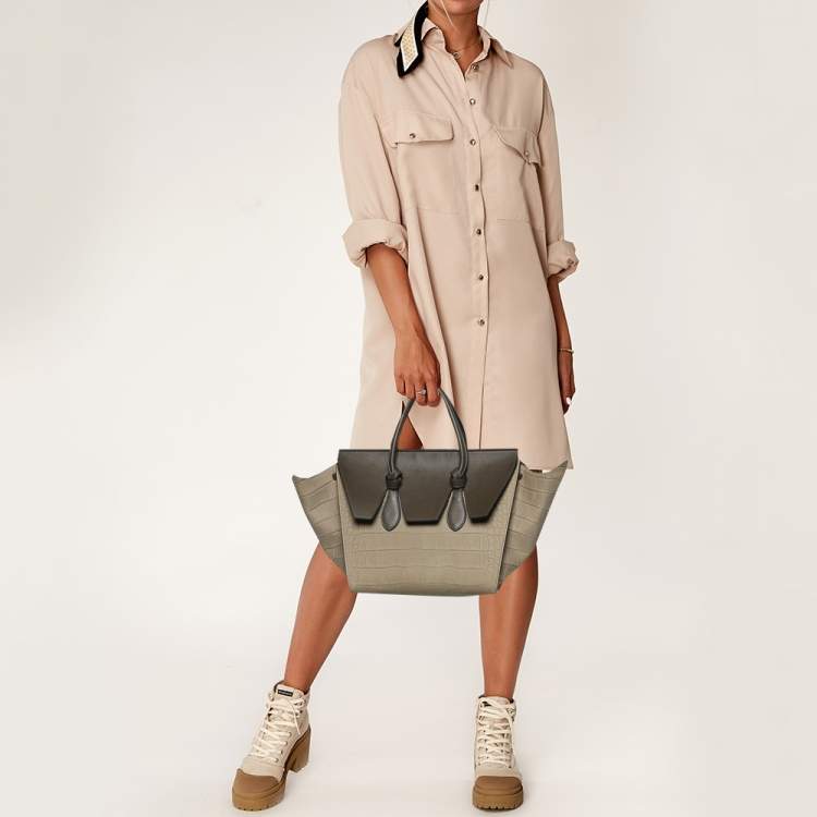 Pre Owned Celine Khaki Croc Embossed Leather Small Tie Knot Tote