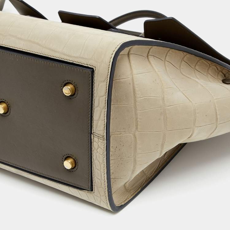 Pre Owned Celine Khaki Croc Embossed Leather Small Tie Knot Tote