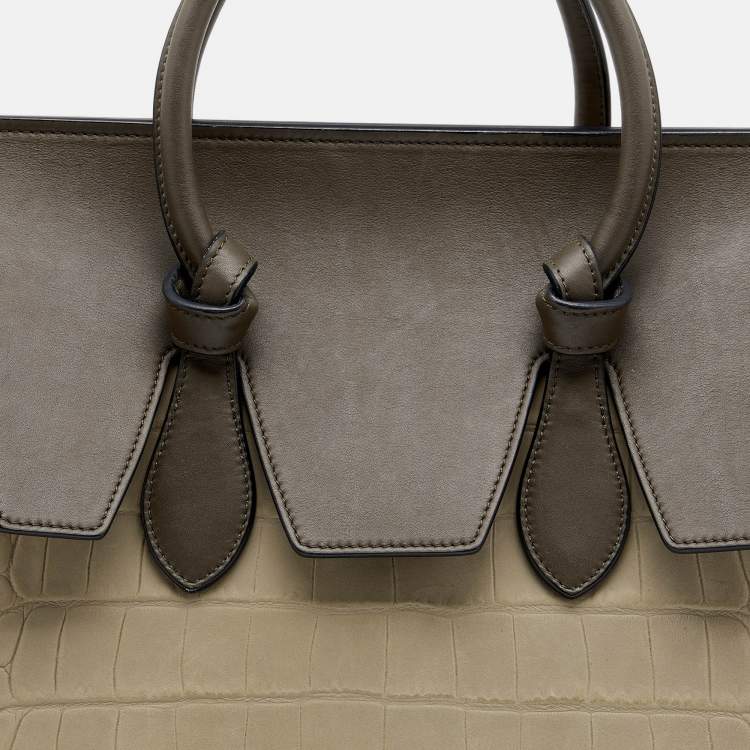 Pre Owned Celine Khaki Croc Embossed Leather Small Tie Knot Tote