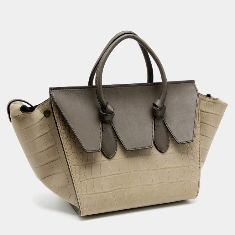 Pre Owned Celine Khaki Croc Embossed Leather Small Tie Knot Tote