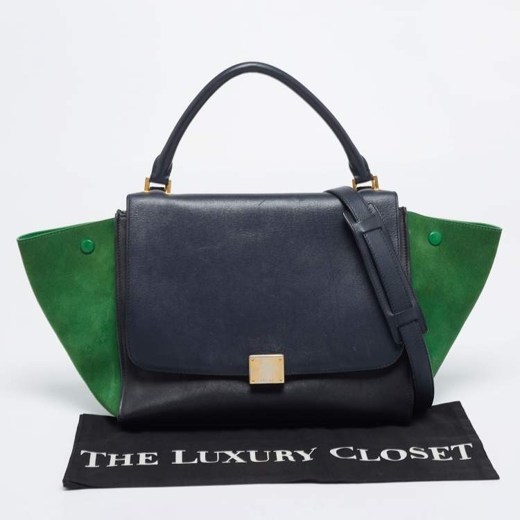 Pre Owned Celine Navy Blue/Green Leather and Suede Medium Trapeze Top Handle Bag