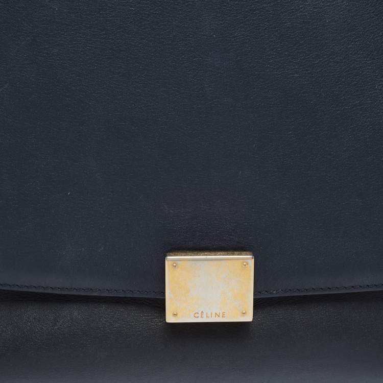 Pre Owned Celine Navy Blue/Green Leather and Suede Medium Trapeze Top Handle Bag