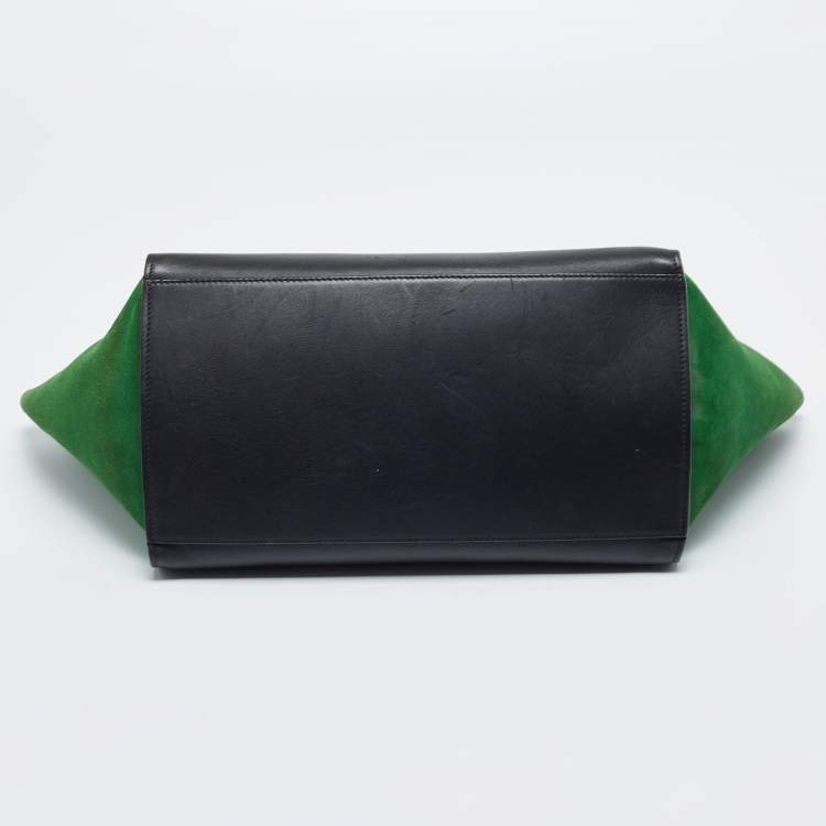 Pre Owned Celine Navy Blue/Green Leather and Suede Medium Trapeze Top Handle Bag
