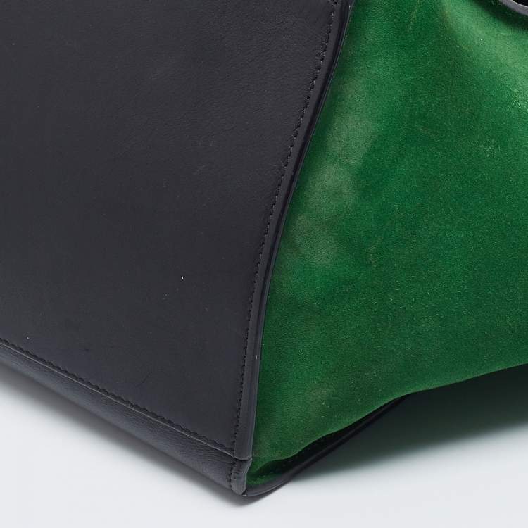 Pre Owned Celine Navy Blue/Green Leather and Suede Medium Trapeze Top Handle Bag