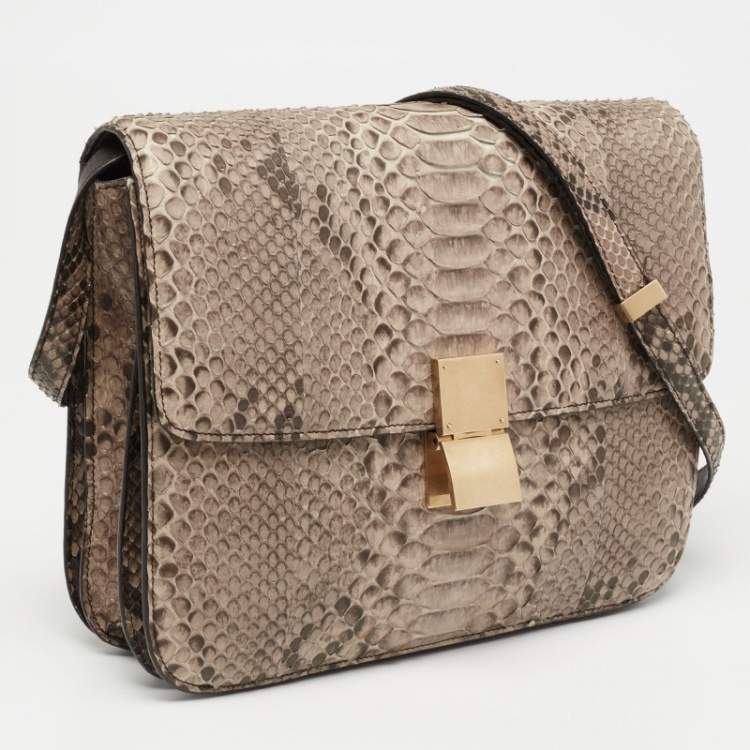 Pre Owned Celine Beige Python Medium Classic Box Shoulder Bag