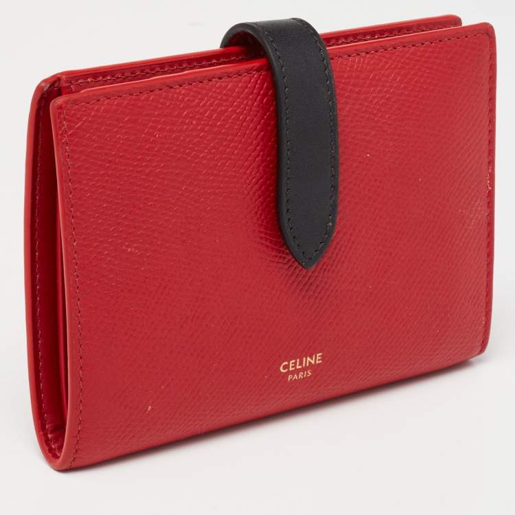Pre Owned Celine Red/Black Grained Leather Multifunction Strap Wallet
