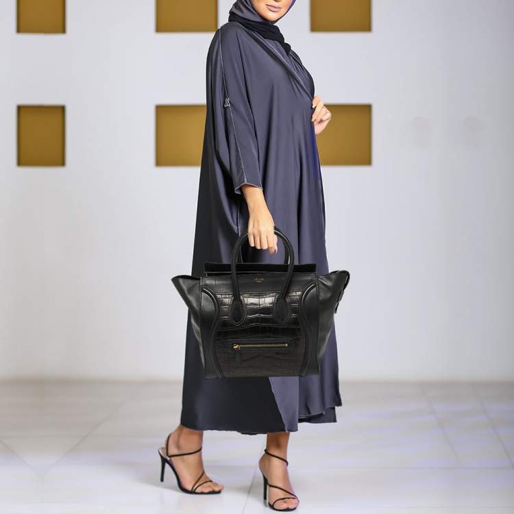 Pre Owned Celine Black Croc Mini Luggage Tote