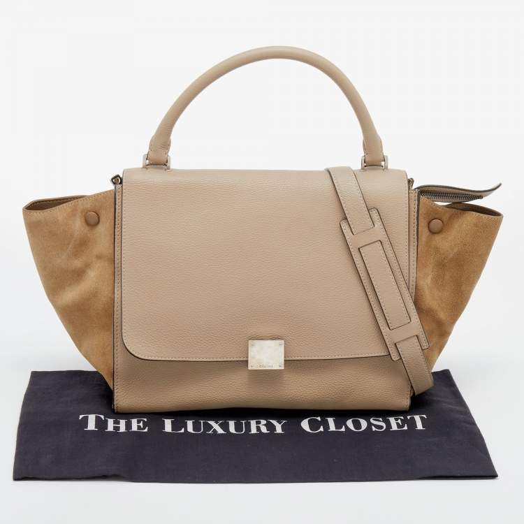 Pre Owned Celine Beige Leather and Suede Medium Trapeze Top Handle Bag