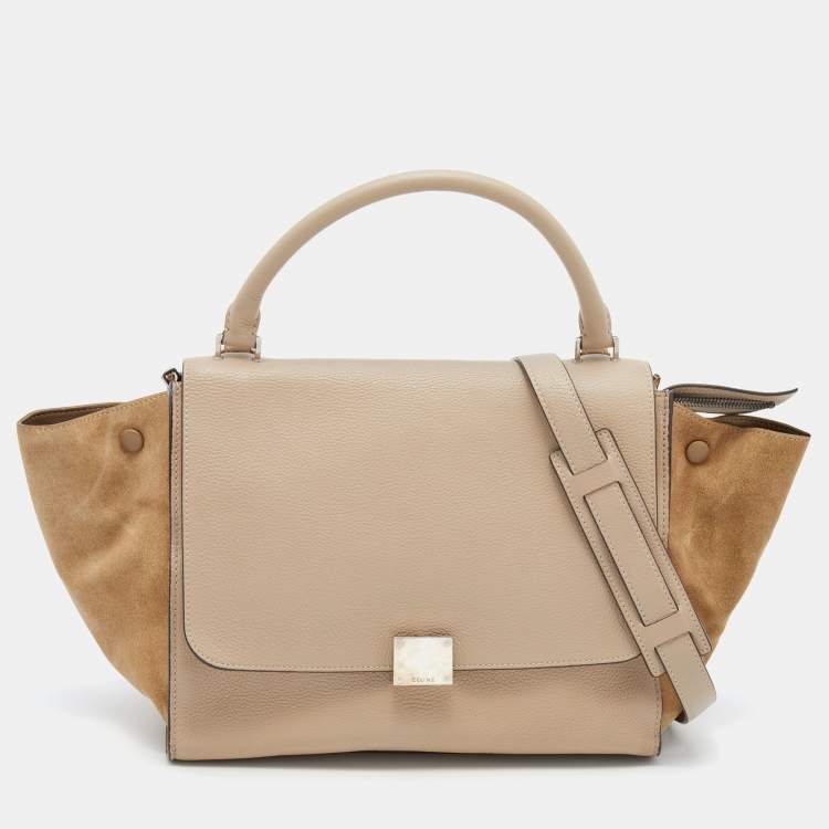 Pre Owned Celine Beige Leather and Suede Medium Trapeze Top Handle Bag