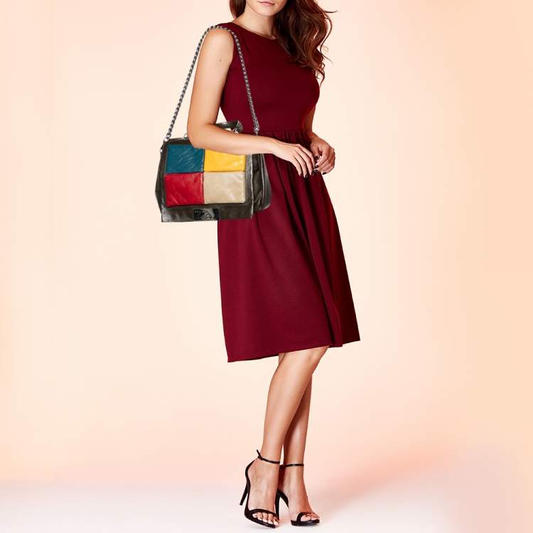 Pre Owned Celine Multicolor Leather Color Block Flap Top Handle Bag