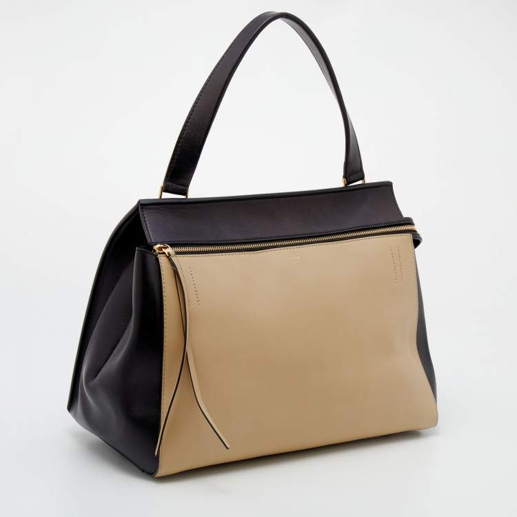 Pre Owned Celine Black/Beige Leather Medium Edge Top Handle Bag