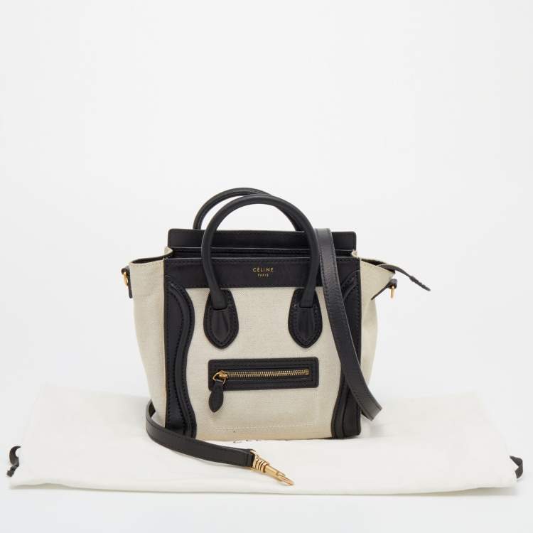 Pre Owned Celine Beige/Black Canvas And Leather Nano Luggage Tote 