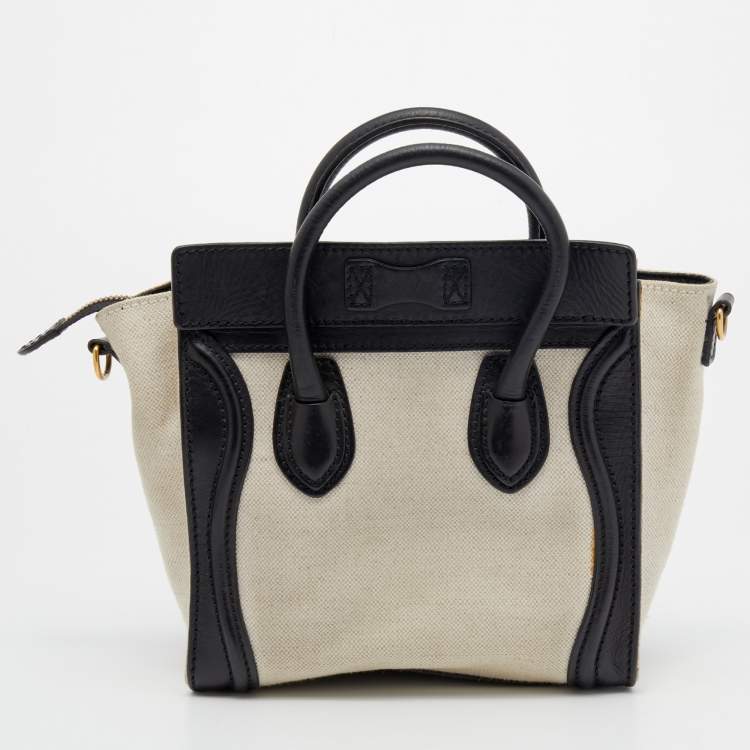 Pre Owned Celine Beige/Black Canvas And Leather Nano Luggage Tote 