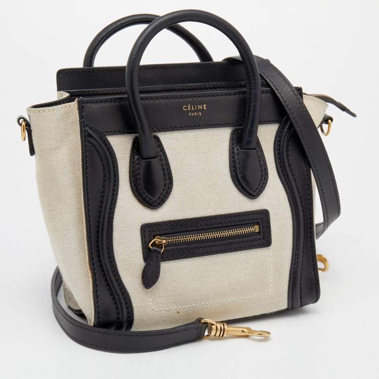 Pre Owned Celine Beige/Black Canvas And Leather Nano Luggage Tote 