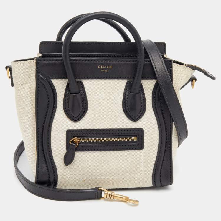 Pre Owned Celine Beige/Black Canvas And Leather Nano Luggage Tote 