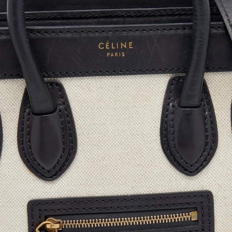 Pre Owned Celine Beige/Black Canvas And Leather Nano Luggage Tote 