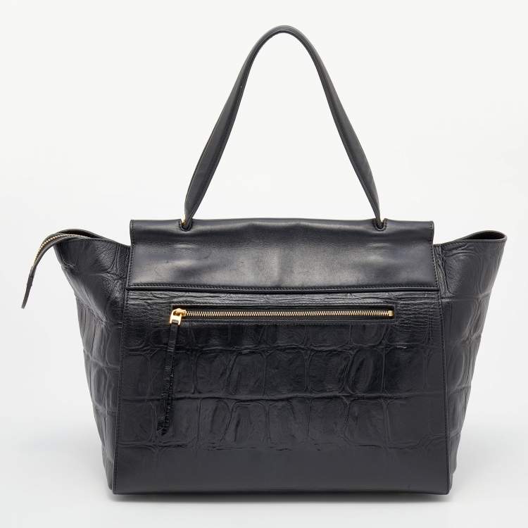 Pre Owned Celine Black Croc Embossed Leather Mini Belt Top Handle Bag