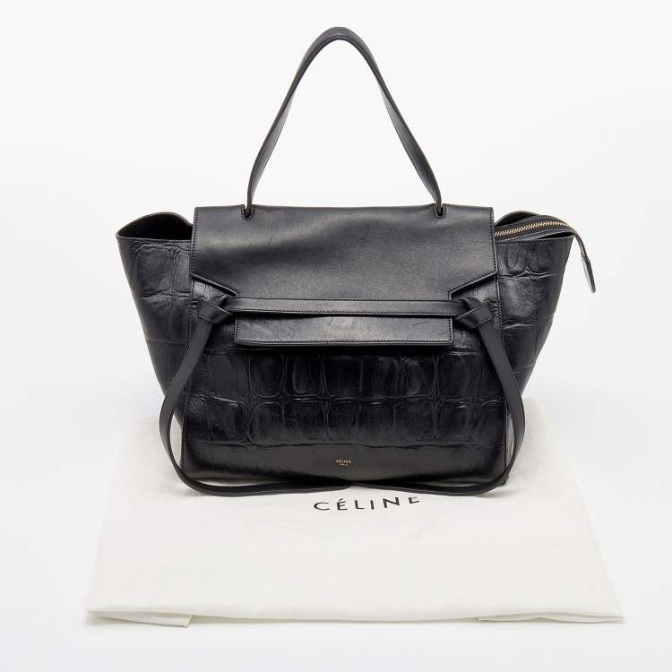 Pre Owned Celine Black Croc Embossed Leather Mini Belt Top Handle Bag