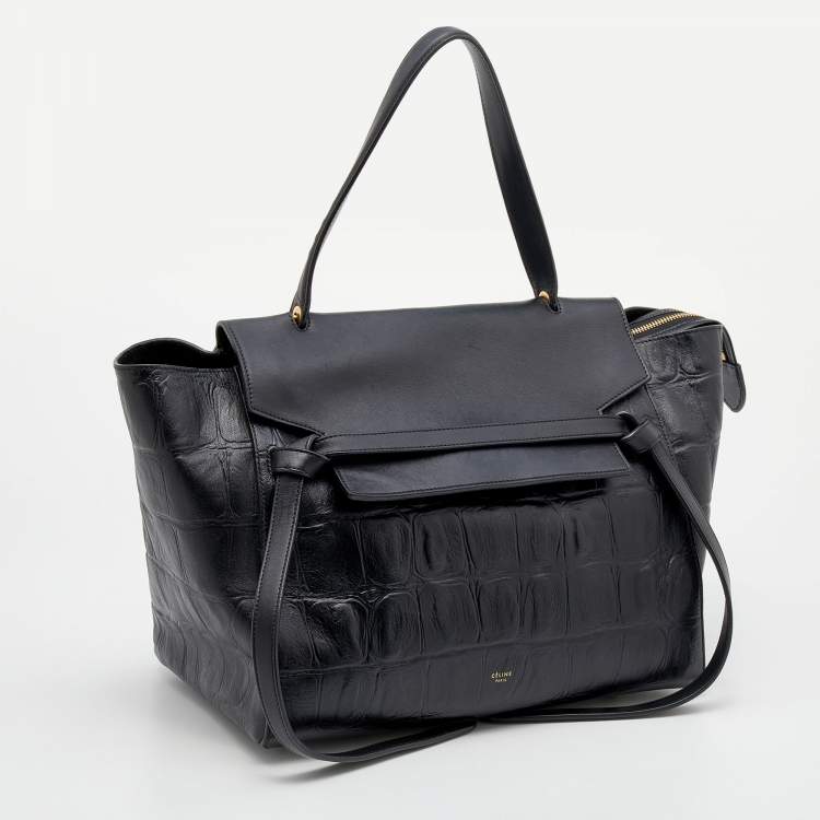 Pre Owned Celine Black Croc Embossed Leather Mini Belt Top Handle Bag