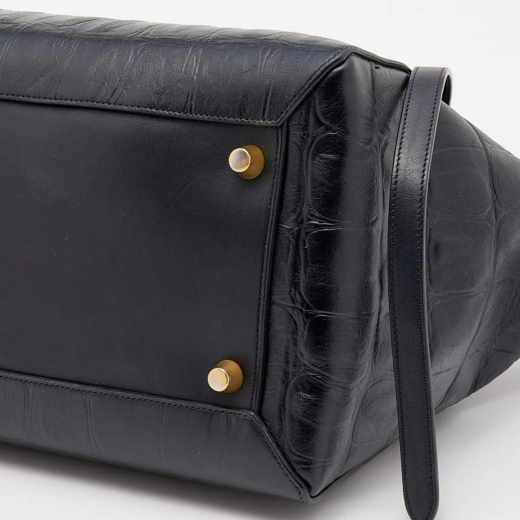 Pre Owned Celine Black Croc Embossed Leather Mini Belt Top Handle Bag