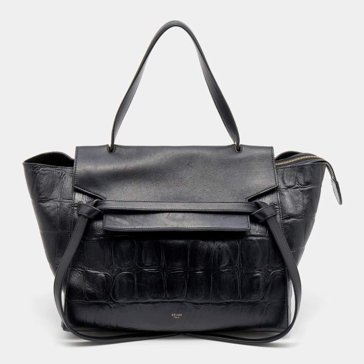 Pre Owned Celine Black Croc Embossed Leather Mini Belt Top Handle Bag