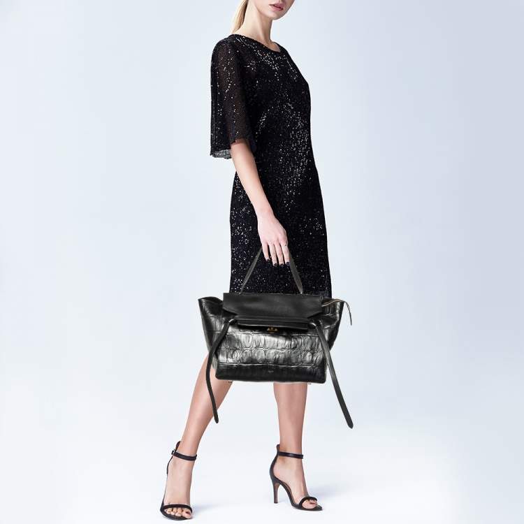 Pre Owned Celine Black Croc Embossed Leather Mini Belt Top Handle Bag