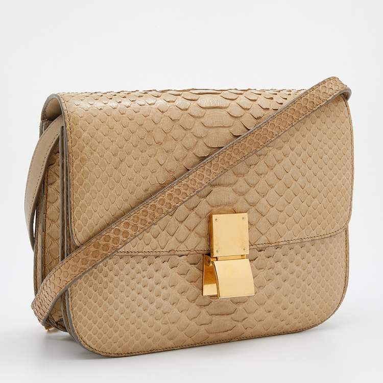 Pre Owned Celine Beige Python Medium Classic Box Flap Bag