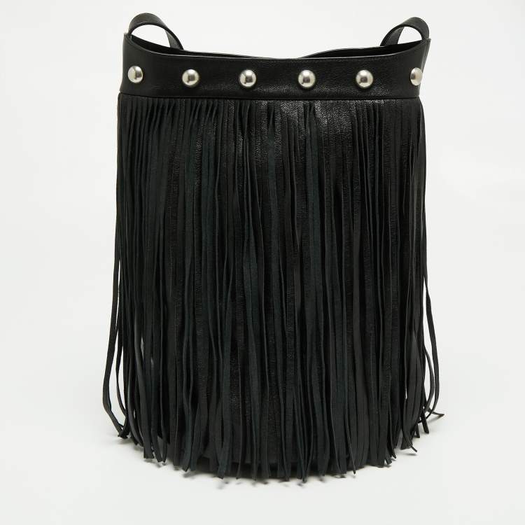 Pre Owned Celine Black Leather Studded Fringe Hobo