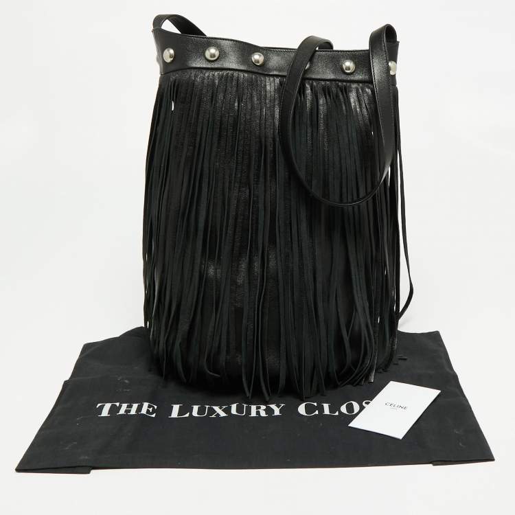 Pre Owned Celine Black Leather Studded Fringe Hobo