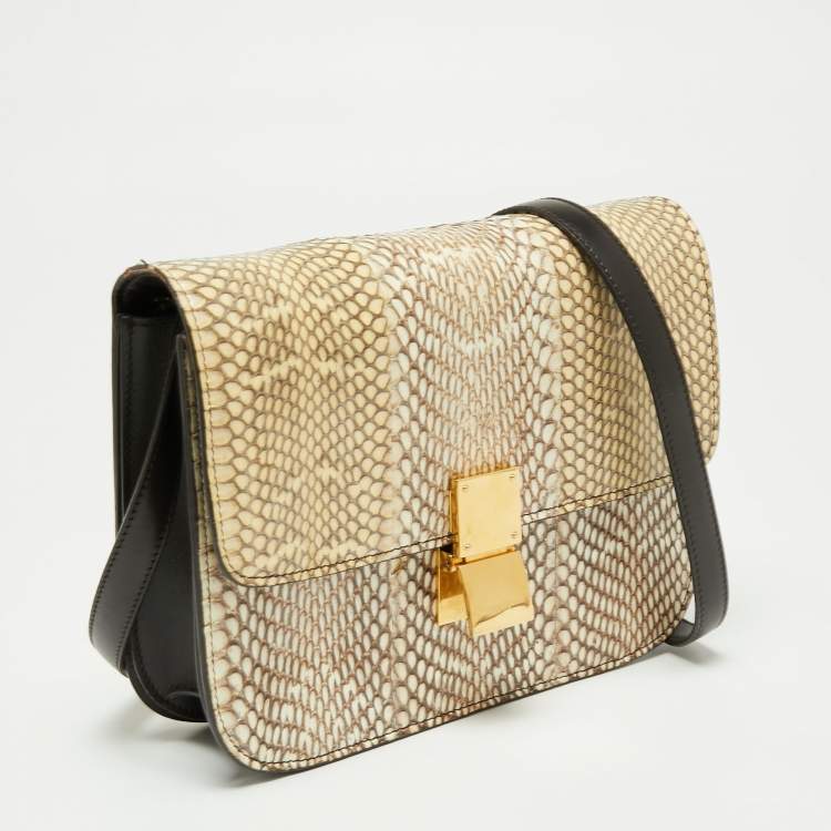 Pre Owned Celine Beige/Cream Watersnake Medium Classic Box Shoulder Bag