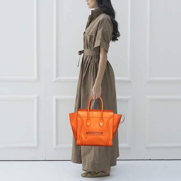 Pre Owned Celine Orange Leather Mini Luggage Tote