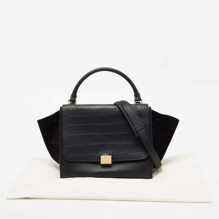 Pre Owned Celine Black Croc Embossed, Leather and Suede Medium Trapeze Bag
