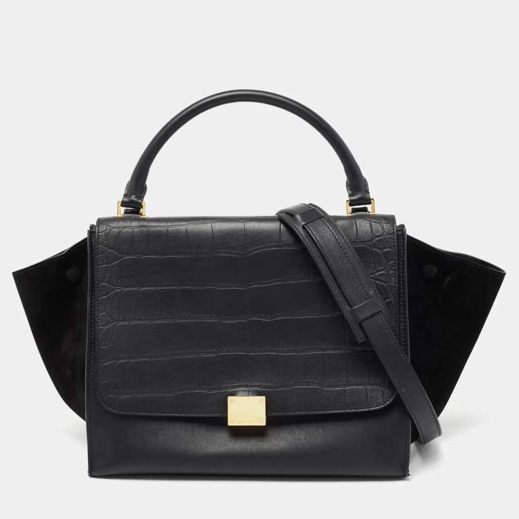 Pre Owned Celine Black Croc Embossed, Leather and Suede Medium Trapeze Bag
