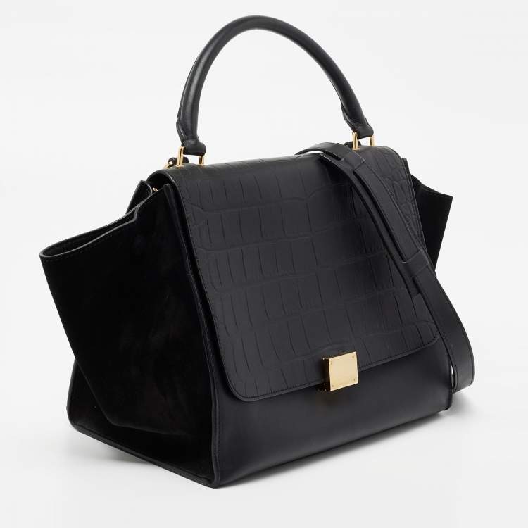Pre Owned Celine Black Croc Embossed, Leather and Suede Medium Trapeze Bag