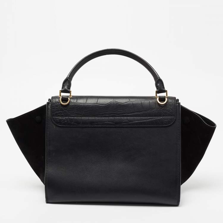 Pre Owned Celine Black Croc Embossed, Leather and Suede Medium Trapeze Bag