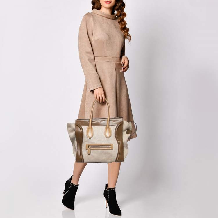 Pre Owned Celine Khaki Green Canvas and Leather Mini Luggage Tote