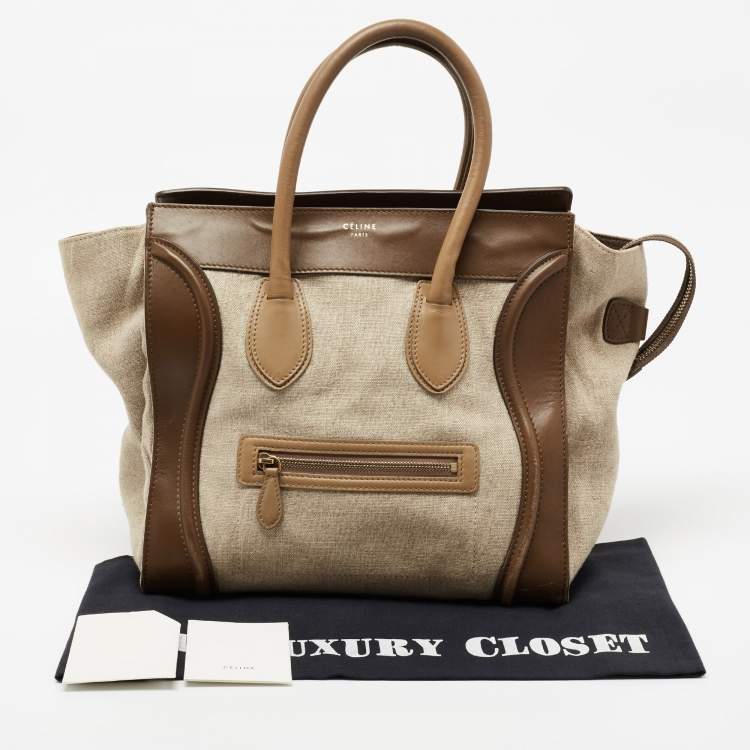 Pre Owned Celine Khaki Green Canvas and Leather Mini Luggage Tote