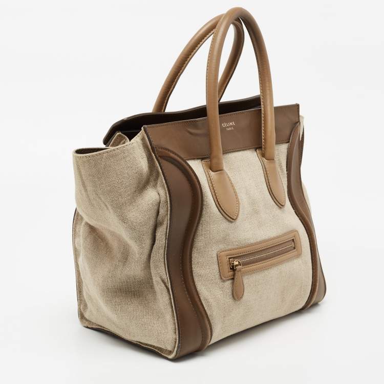 Pre Owned Celine Khaki Green Canvas and Leather Mini Luggage Tote