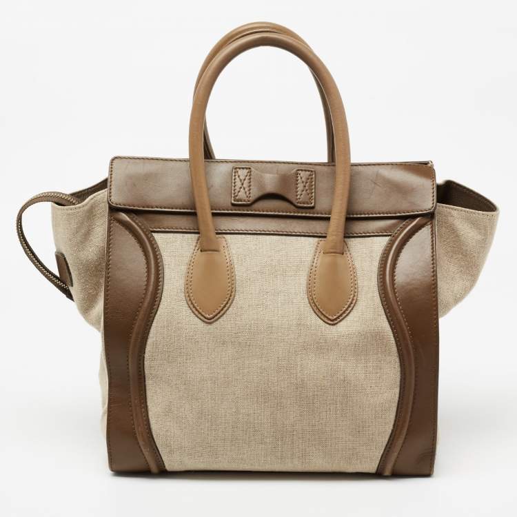 Pre Owned Celine Khaki Green Canvas and Leather Mini Luggage Tote