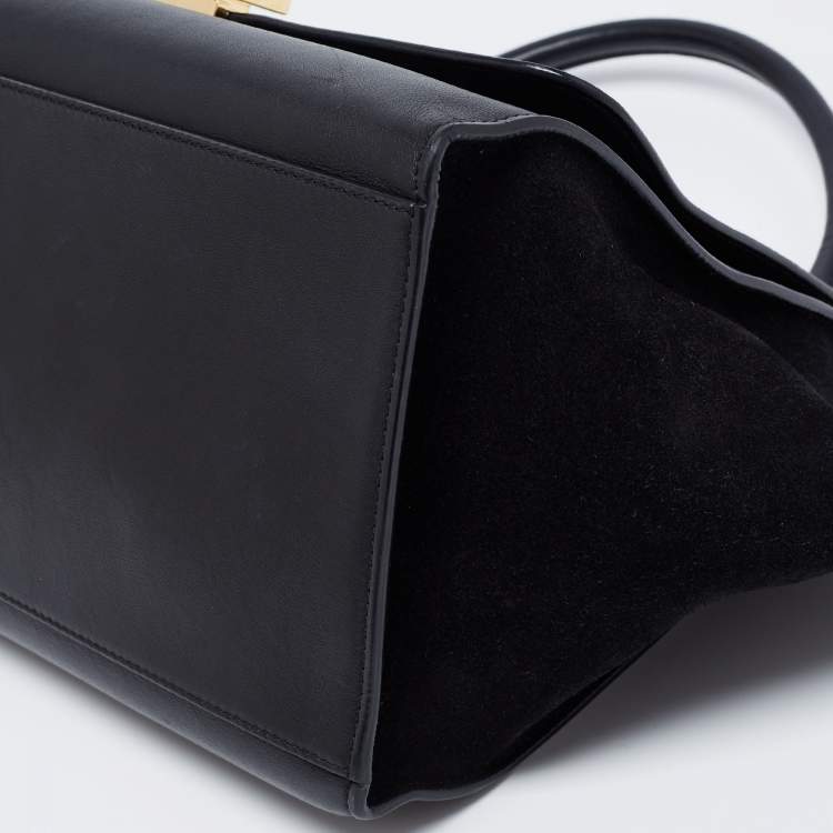 Pre Owned Celine Black Croc Embossed, Leather and Suede Medium Trapeze Bag