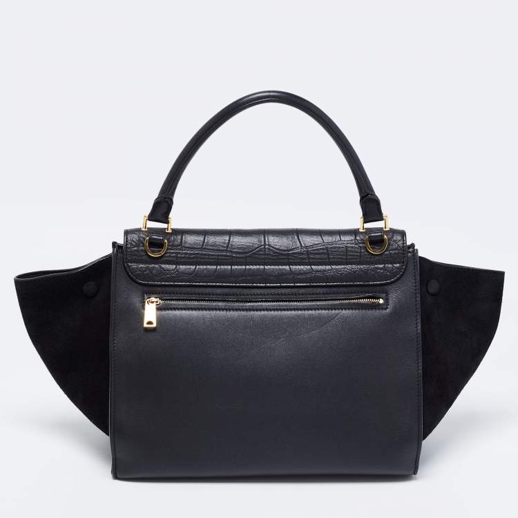 Pre Owned Celine Black Croc Embossed, Leather and Suede Medium Trapeze Bag