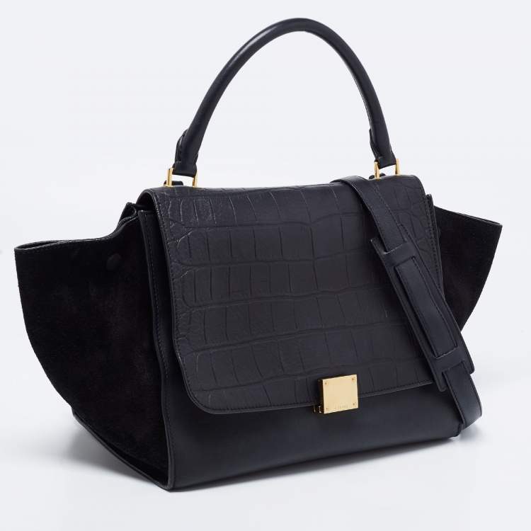 Pre Owned Celine Black Croc Embossed, Leather and Suede Medium Trapeze Bag