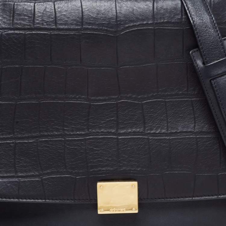Pre Owned Celine Black Croc Embossed, Leather and Suede Medium Trapeze Bag